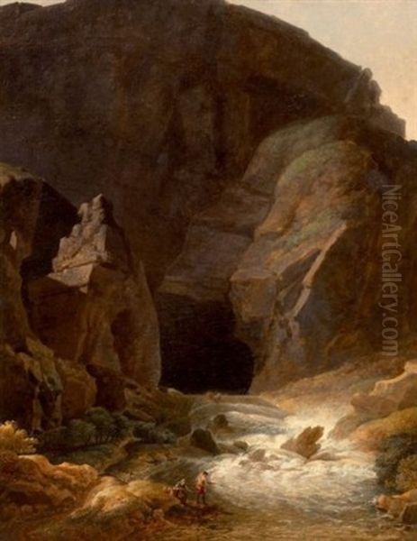 Pecheurs Aux Abords D'une Grotte A Fontaine - De - Vaucluse Oil Painting by Jean-Antoine Constantin d'Aix