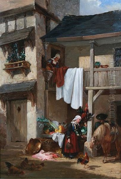 A Continental Street Scene With Maids Oil Painting by Auguste Aristide Fernand Constantin