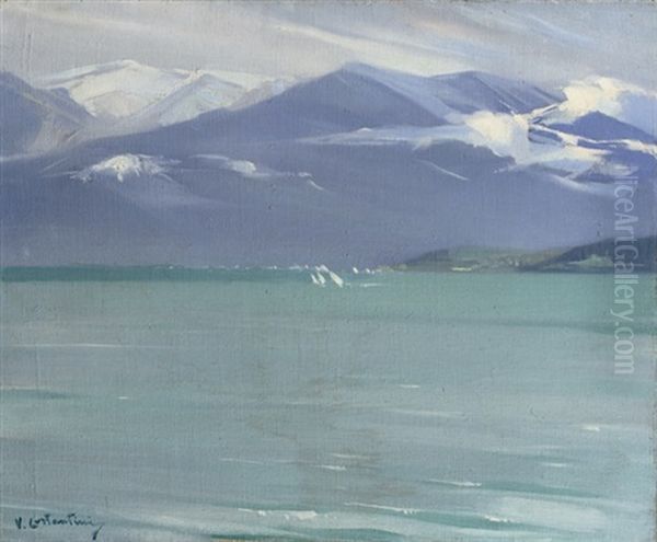 Wintersday At The Lake Lac De Thune, Switzerland Oil Painting by Virgilio Constantini