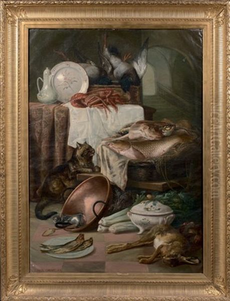 Nature Morte Aux Chat, Lievre Et Homard Oil Painting by Jules Contant