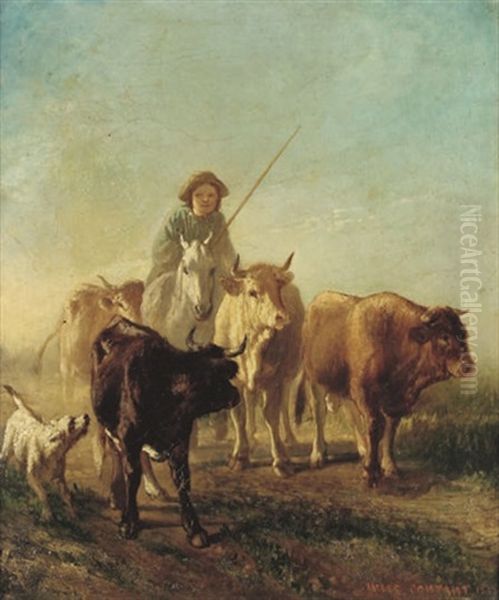 Jeune Garcon Avec Son Chien Et Son Troupeau De Vaches Oil Painting by Jules Contant