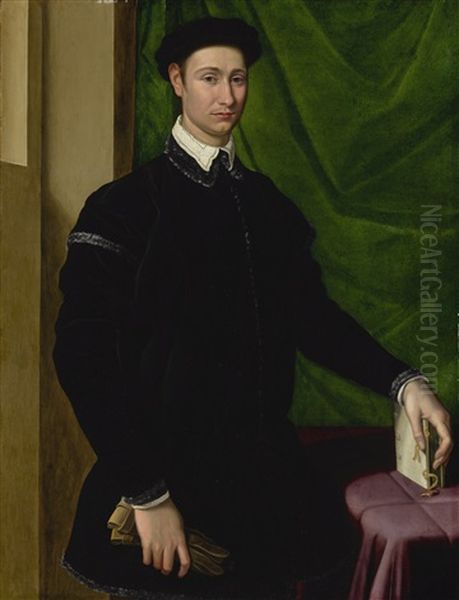 Portrait Of A Gentleman, Three-quarter Length, Standing And Holding A Pair Of Gloves In His Right Hand, His Left Hand Resting On A Book, Before A Green Curtain Oil Painting by Jacopo del Conte