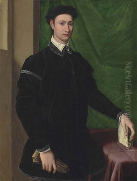 Portrait Of A Gentleman In A Black Fur-trimmed Doublet With A White Collar, Wearing A Black Cap, A Pair Of Gloves In His Right Hand, His Left Hand Resting On A Book, Before A Green Curtain Oil Painting by Jacopo del Conte