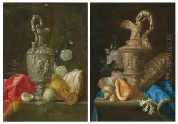 An Ornate Silver Ewer, A Gilt Chalice, Shells And A Quince, On A Partly-draped Stone Ledge; And An Ornate Silver Ewer, A Silver Basin With The Judgement Of Paris, Shells And Flowers, On A Partly-draped Stone Ledge Oil Painting by Meiffren Conte