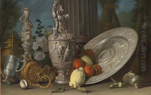 Still Life With Hercules Candlestick, Silver Gilt Ewer, Lemons And Oranges On A Sideboard Dish, Nautilus Shell, And Other Objects Arranged On A Ledge With A Column Beyond Oil Painting by Meiffren Conte