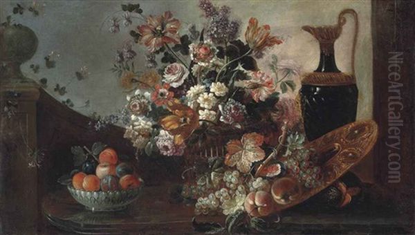 Parrot Tulips, Carnations, Roses, Aquilegia And Other Flowers In A Woven Basket, A Ewer And Peaches And Grapes On A Gilt Platter Oil Painting by Meiffren Conte