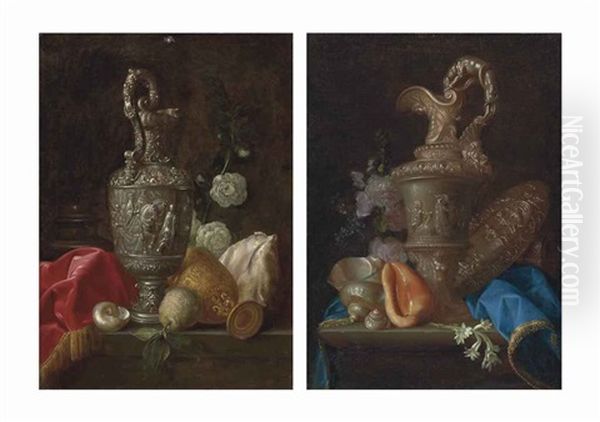 An Ornate Silver Ewer, A Gilt Chalice, Shells And A Quince, On A Partly-draped Stone Ledge (+ An Ornate Silver Ewer, A Silver Basin With The Judgement Of Paris, Shells And Flowers, On A Partly-draped Stone Ledge; Pair) Oil Painting by Meiffren Conte