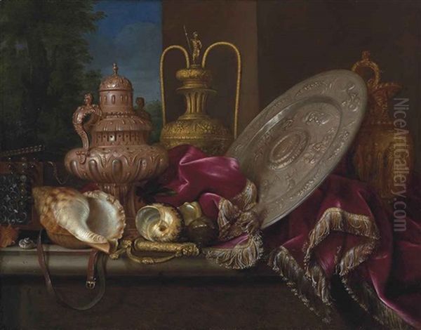 A Silver Incense Burner And Sideboard Dish, A Silver-gilt Ewer And Vase With Nautilus Shells, A Sabre And A Jewelry Box On A Ledge Draped With A Velvet Curtain Oil Painting by Meiffren Conte