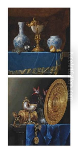 A Nautilus Cup, 17th Century Chinese Porcelain Vases, Grapes, A Pewter Chalice... (+ A Nautilus Cup, A Gilded Ewer, Tulips In A Vase...; Pair) by Meiffren Conte