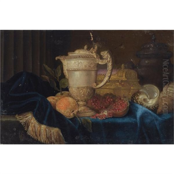 A Still Life With An Ornate Silver Gilt Ewer, A Silver Gilt Jewellery Casket, Shells, Oranges And A Pomegranate, All Arranged On A Partly Draped Stone Ledge Oil Painting by Meiffren Conte