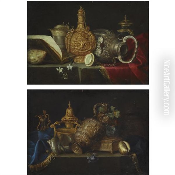 A Still Life With A Shell, Sculpted Jars And A Flower, All On A Partly Draped Stone Ledge (+a Still Life With Two Shells, Sculpted Jars And Flowers, All On A Partly Draped Stone Ledge; Pair) Oil Painting by Meiffren Conte