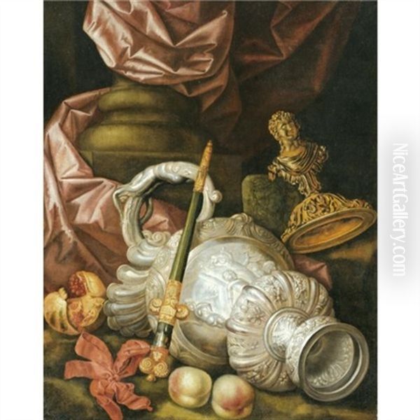 A Still Life With Silver Vessels, A Gold Encrusted Dagger, A Pomegranate And Peaches Oil Painting by Meiffren Conte