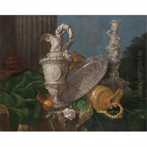 A Still Life With Elaborate Silver And Gold Jugs, A Silver Platter Representing The Judgement Of Paris, A Candlestick With Hercules And Various Fruit All Arranged On A Partly Draped Table Oil Painting by Meiffren Conte