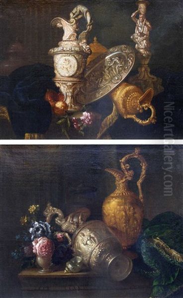 Nature Morte Aux Aiguieres, Plat Ovale Et Flambeau D'hercule (+ Nature Morte A L'aiguiere Et Au Vase De Fleurs, Smaller; Pair) Oil Painting by Meiffren Conte