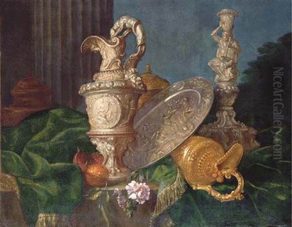 A Pair Of Ornate Silver Ewers, A Silver Basin With The Judgement Of Paris And A Candlestick Incorporating A Seated Hercules On A Draped Table by Meiffren Conte