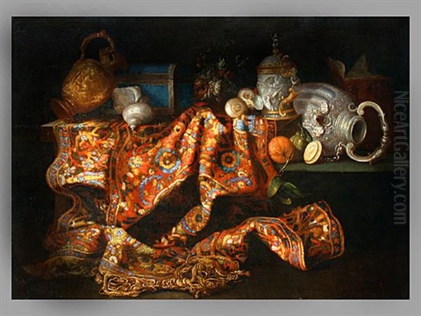 Stilleben Mit Silberobjekten, Fruchten, Schnecken Und Kastchen Auf Einem Webteppich Oil Painting by Meiffren Conte