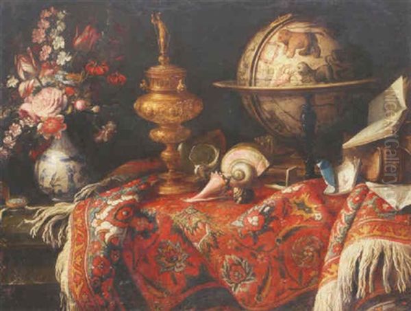 Vase De Fleurs, Mappemonde Et Orfevrerie Sur Un Tapis Oil Painting by Meiffren Conte