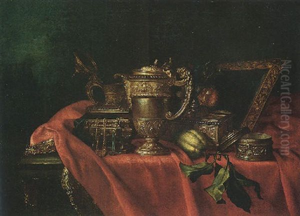 A Still Life Of Orfevreries: A Silver Jewelry Casket, A Silver Ewer, A Silver Box, A Mirror With A Gold Frame Oil Painting by Meiffren Conte