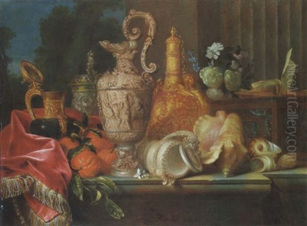 An Ornamental Silver Ewer, A Silver-gilt Cup And Cover, An Ornamental Stone And Gilt Flask, Shells, Flowers An D Other Objects On A Stone Ledge Against A Column, Wooded Landscape Beyond Oil Painting by Meiffren Conte