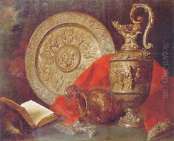 A Still Life Of Two Silver Late Renaissance Ewers, A Silver Plate, An Open Book, A Shell And A Red Cloth In A Landscape Oil Painting by Meiffren Conte