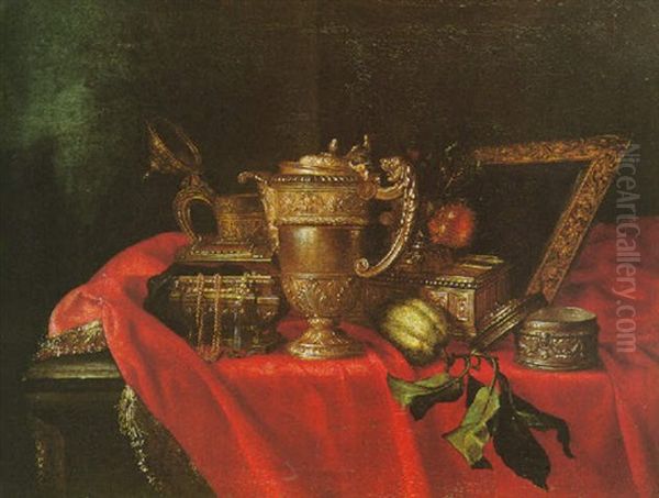 Nature Morte Aux Pieces D'orfevrerie Sur Un Entablement Recouvert D'une Draperie Oil Painting by Meiffren Conte