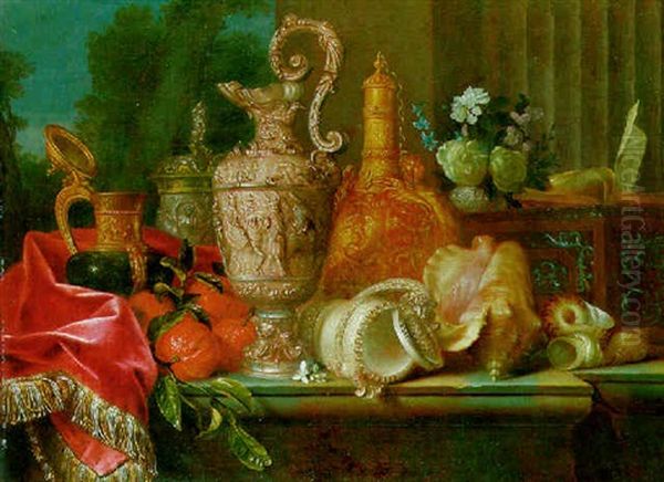 An Ornamental Silver Ewer And Other Objects On A Stone Ledge Against A Column, A Wooded Landscape Beyond Oil Painting by Meiffren Conte