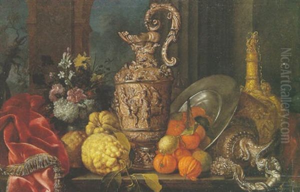 Nature Morte Aux Pieces D'orfevrerie, Bigarades, Citrons Et Bouquets De Fleurs Sur Un Entablement Oil Painting by Meiffren Conte