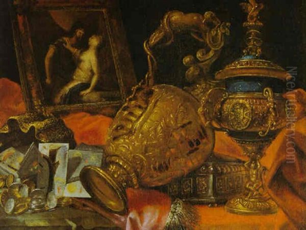 Stilleben Von Prunkgefasen, Gold- Und Silbermunzen, Sowie Einem Gemalde Oil Painting by Meiffren Conte