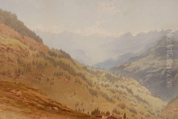 Extensive Alpine Mountain Landscape Oil Painting by Henry Anelay