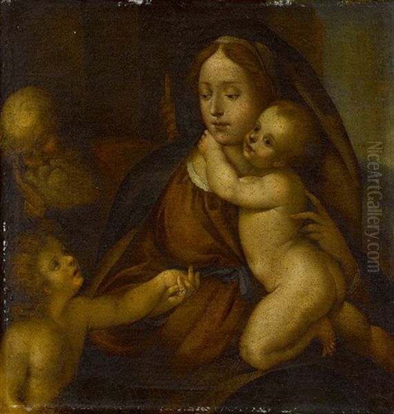 Madonna Mit Kind Und Johannesknaben, Hl. Josef Schlafend Im Hintergrund Oil Painting by Bernardino dei Conti