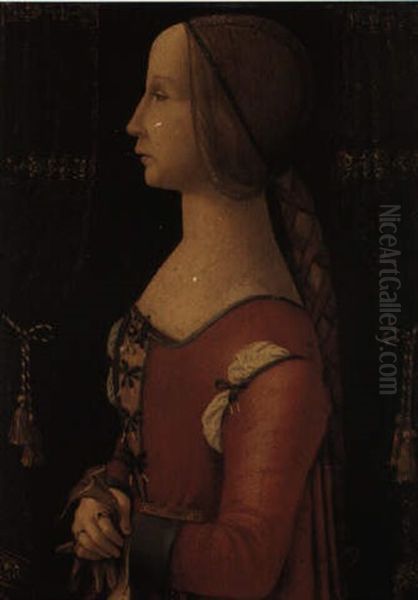 Portrait Of A Lady In Left Profile Between Green Velvet Curtains Oil Painting by Bernardino dei Conti