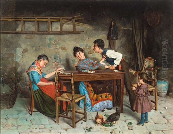 Tandelndes Paar Mit Der Beim Kartenspiel Eingeschlafenen Grosmutter Oil Painting by Cosimo Conti