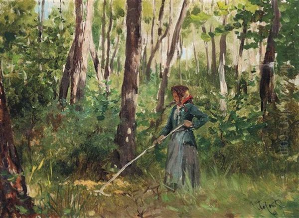 A Peasant Working In The Woods Oil Painting by Tito Conti