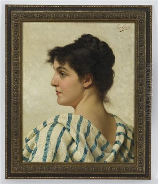 Profile Of A Young Woman Wearing A Blue And White Shawl Oil Painting by Tito Conti