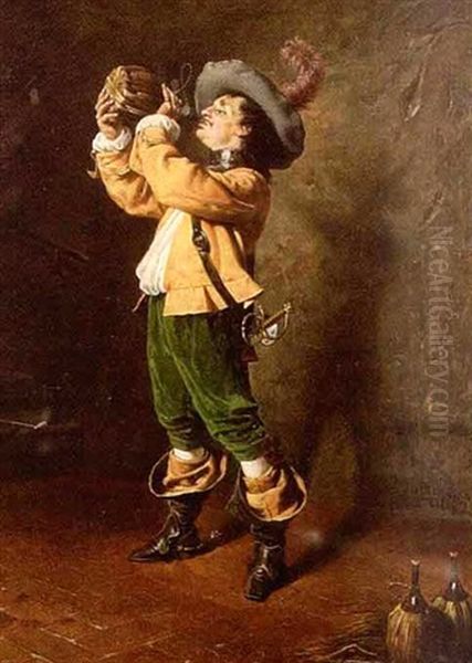 Musketeer Drinking Wine Oil Painting by Tito Conti