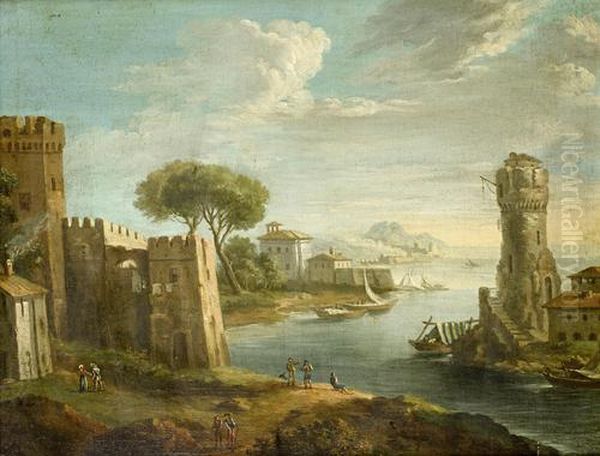 Figures On A Shore Before An Italianate River Landscape With Buildings In The Distance And Mountains On The Horizon Oil Painting by Paolo Anesi