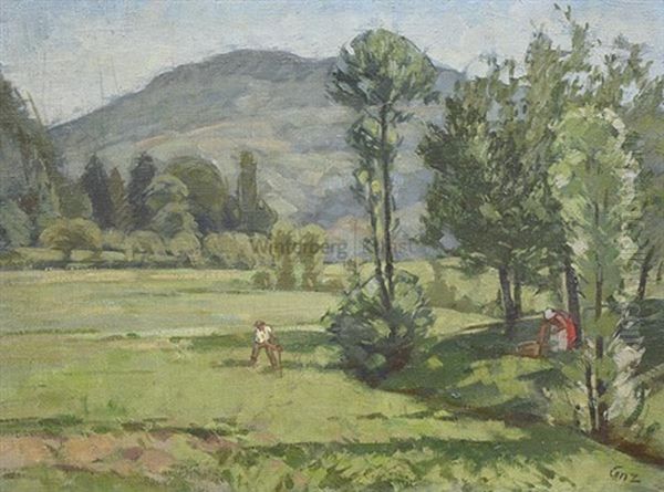 Wiesenlandschaft Mit Mahendem Bauer Bei Sasbachwalden Oil Painting by Walter Conz