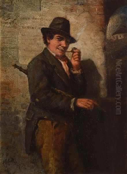 Irish Man Smoking A Pipe With Political Slogans Oil Painting by Charles Henry Cook