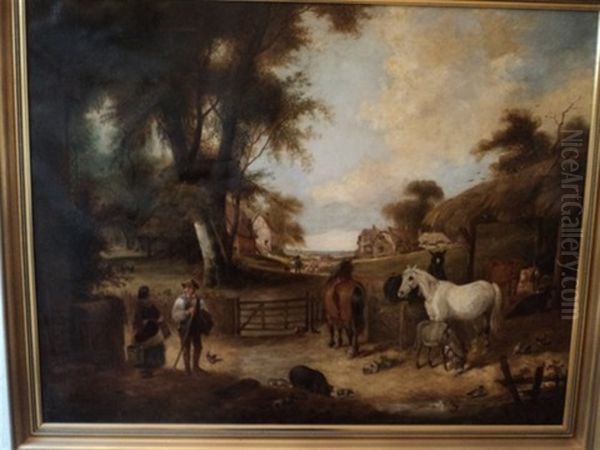 A Busy English Farmyard Oil Painting by Charles Henry Cook