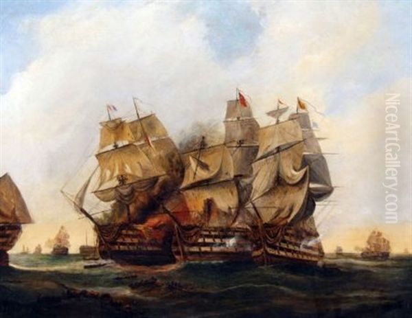 A Naval Battle Oil Painting by Ebenezer Wake Cook