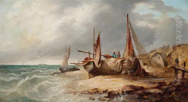 A Coastal View With Fishing Boats Ashore by Edward William Cooke