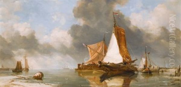 A Dutch Calm, Zuider Zee Fishing Craft Oil Painting by Edward William Cooke