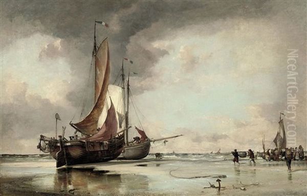 Dutch Pincks Beached On The Shore At Scheveningen With Fishermen Unloading The Day's Catch Oil Painting by Edward William Cooke