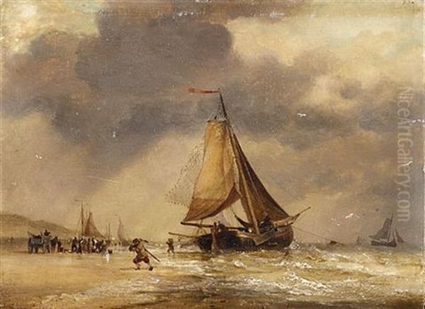 Fish Arriving, Scheveningen Beach Oil Painting by Edward William Cooke