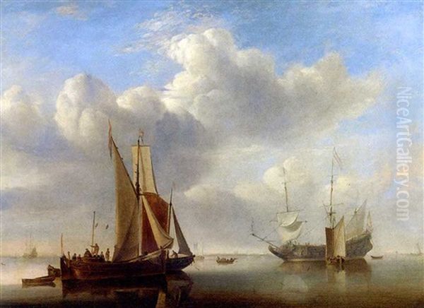 A Wijdschip And A Kaag Under Sail In A Very Light Air (after Willem Van De Velde, The Younger) Oil Painting by Edward William Cooke