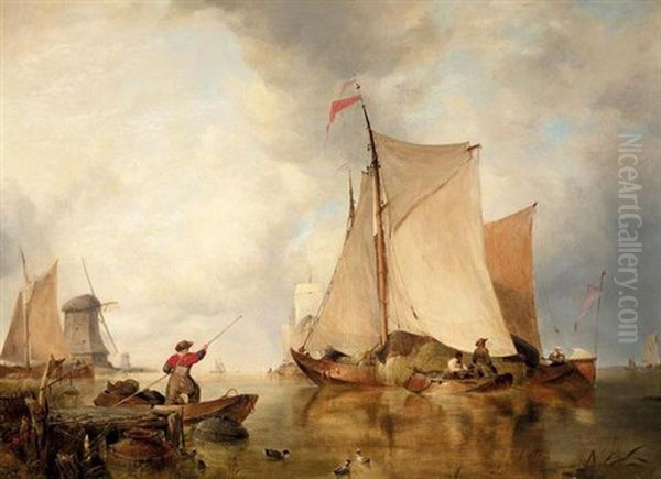 Dutch Boats On A River In Holland Oil Painting by Edward William Cooke