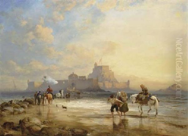 Elizabeth Castle, Jersey, From The Causeway; Low Water Oil Painting by Edward William Cooke