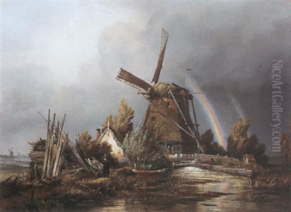 Dutch Draining-mill At Nieuwersluis, Near Utrecht Oil Painting by Edward William Cooke