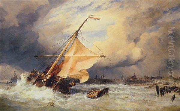 A Dutch Peon (poon) Running For The Port Of Harlingen, Is Driven In A Heavy Squall Outside The South Pier Head Oil Painting by Edward William Cooke