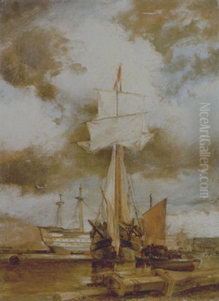 Man Of War Schooner In The Hamoaze Oil Painting by Edward William Cooke